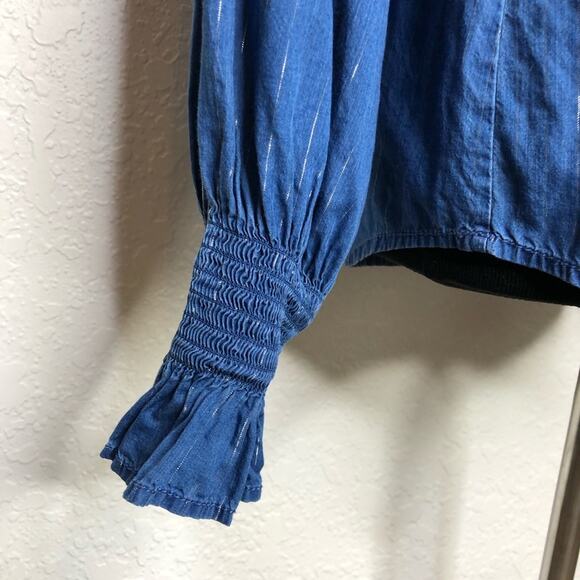 WHBM blue demin metallic striped ruffle trim top size Medium - Picture 4 of 12